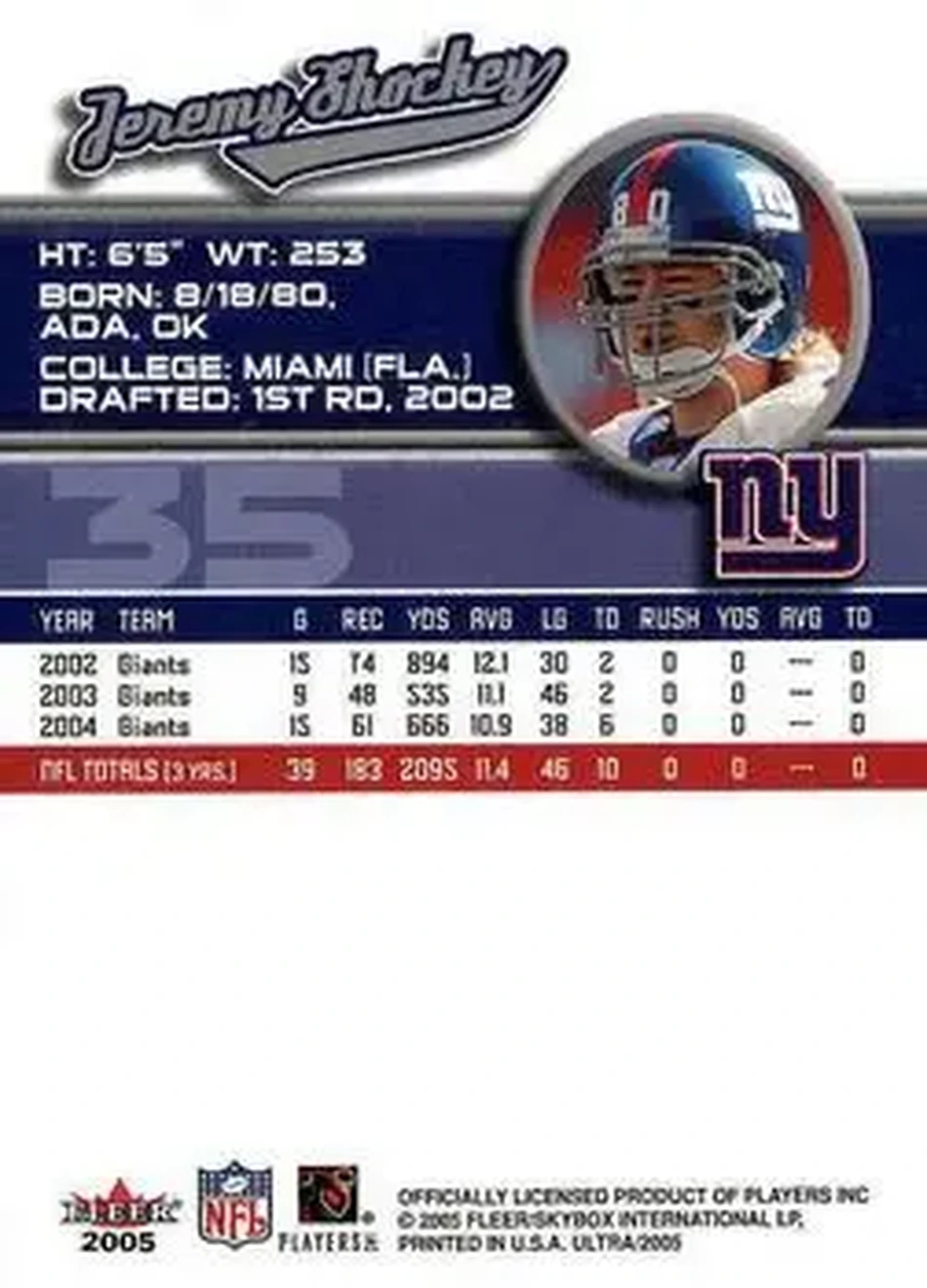2005 Ultra #35 - Jeremy Shockey - New York Giants - Back