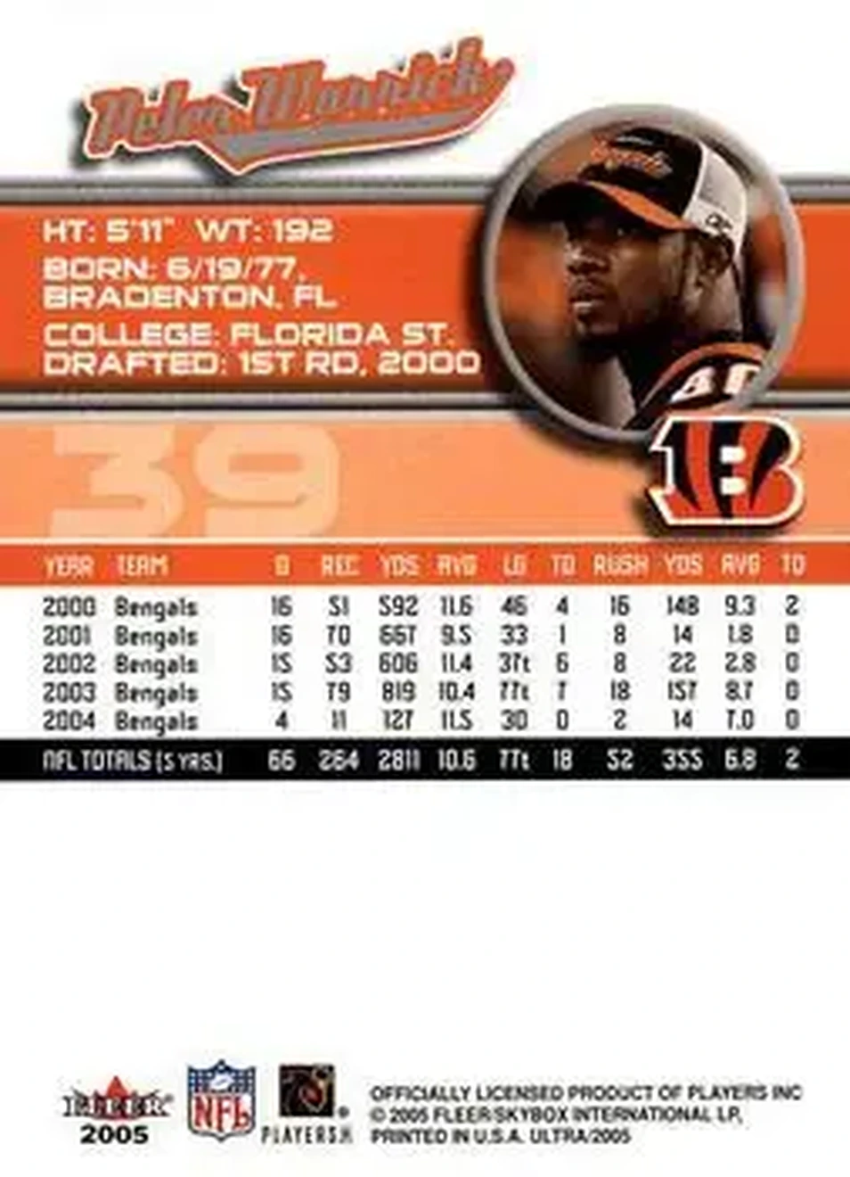 2005 Ultra #39 - Peter Warrick - Cincinnati Bengals - Back