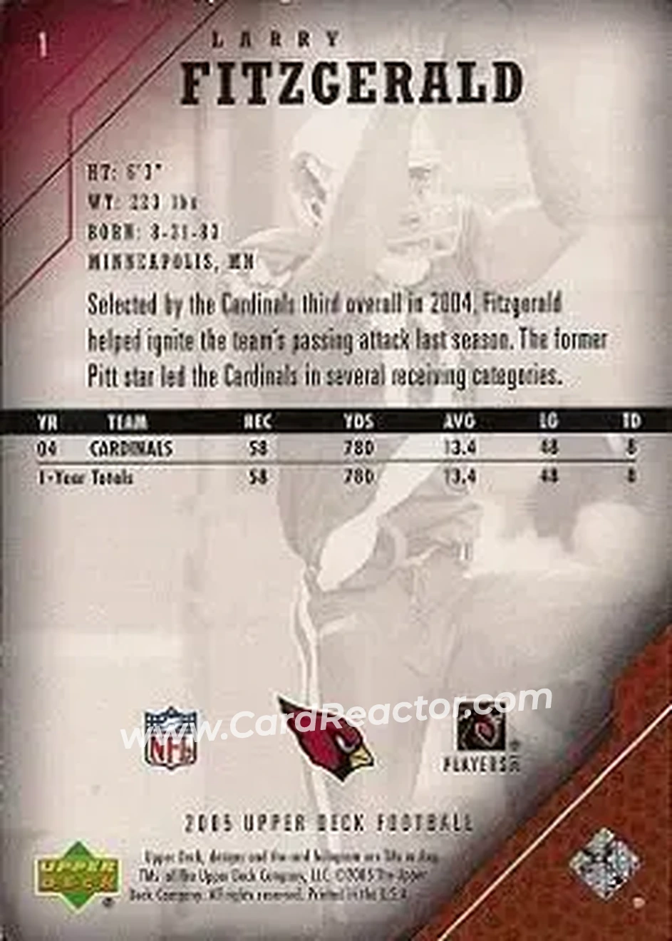 2005 Upper Deck #1 - Larry Fitzgerald - Arizona Cardinals - Back 2005 Upper Deck #1 - Larry Fitzgerald - Arizona Cardinals - Back