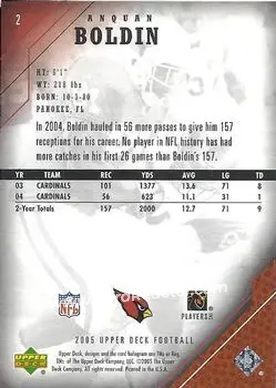 2005 Upper Deck #2 - Anquan Boldin - Arizona Cardinals - Back