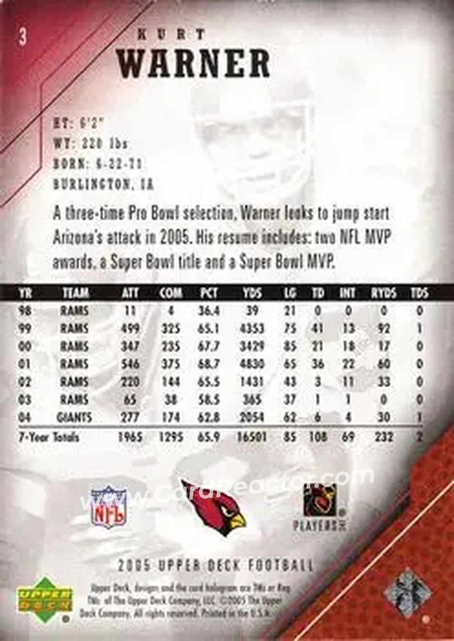 2005 Upper Deck #3 - Kurt Warner - Arizona Cardinals - Back