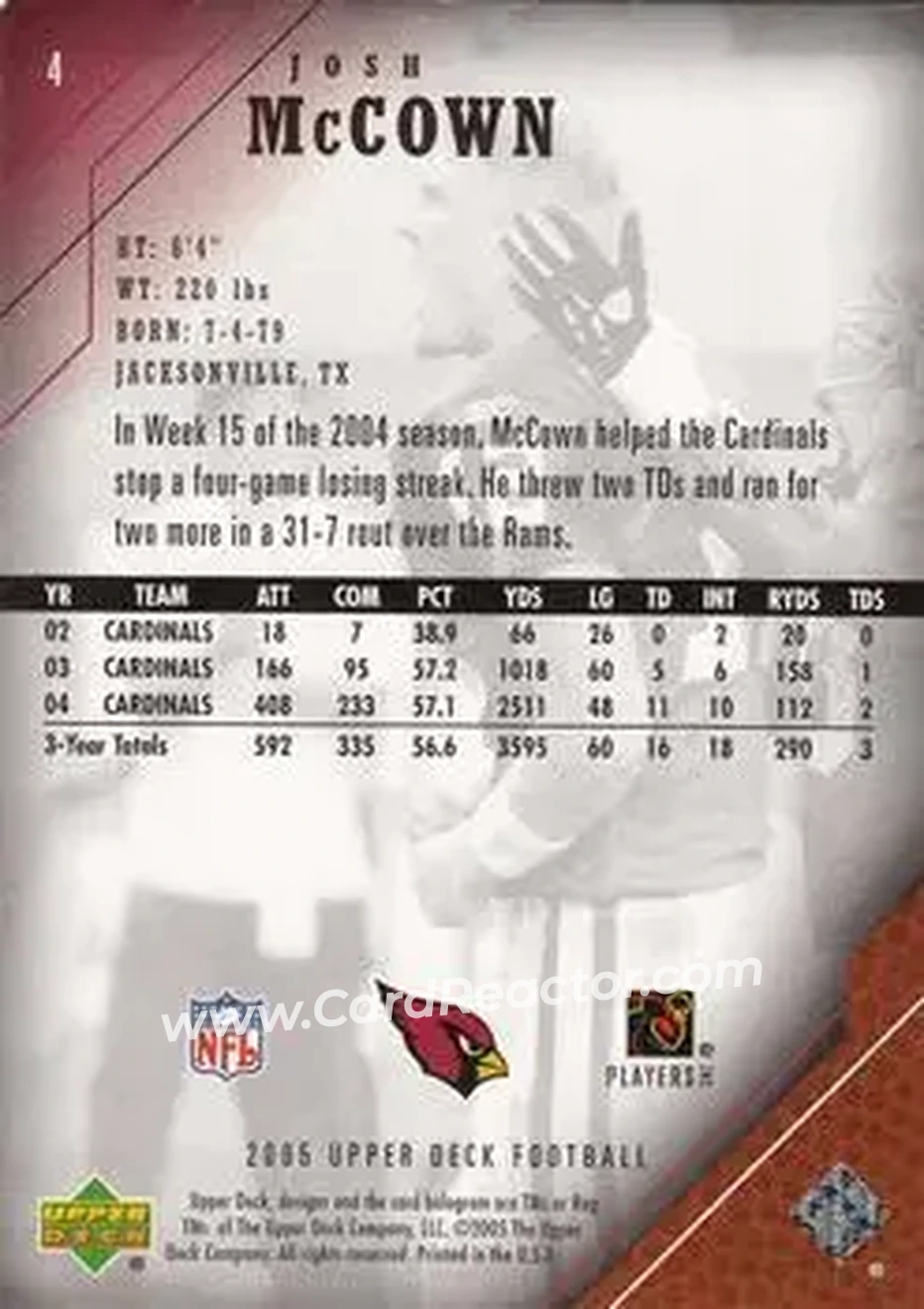 2005 Upper Deck #4 - Josh McCown - Arizona Cardinals - Back