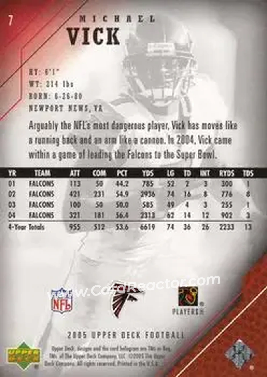 2005 Upper Deck #7 - Michael Vick - Atlanta Falcons - Back 2005 Upper Deck #7 - Michael Vick - Atlanta Falcons - Back