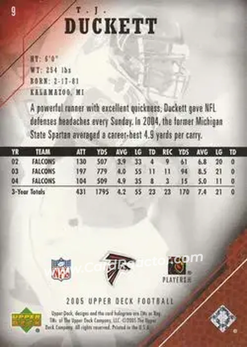 2005 Upper Deck #9 - T.J. Duckett - Atlanta Falcons - Back