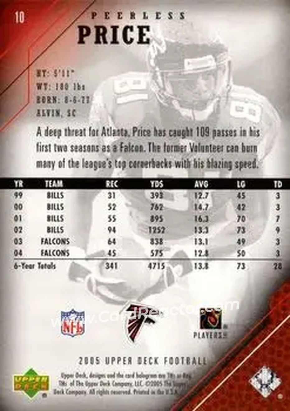2005 Upper Deck #10 - Peerless Price - Atlanta Falcons - Back
