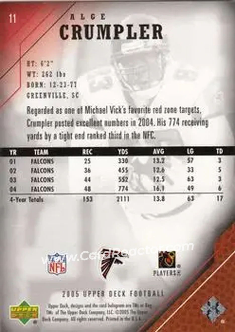 2005 Upper Deck #11 - Alge Crumpler - Atlanta Falcons - Back 2005 Upper Deck #11 - Alge Crumpler - Atlanta Falcons - Back