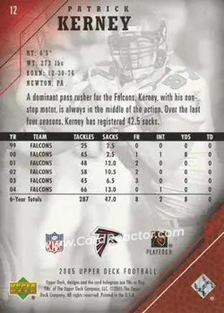 2005 Upper Deck #12 - Patrick Kerney - Atlanta Falcons - Back 2005 Upper Deck #12 - Patrick Kerney - Atlanta Falcons - Back