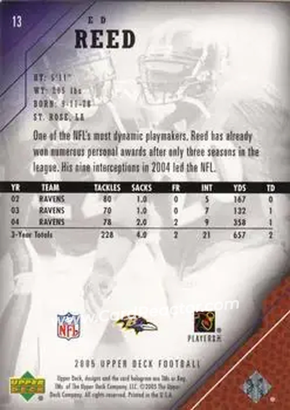 2005 Upper Deck #13 - Ed Reed - Baltimore Ravens - Back 2005 Upper Deck #13 - Ed Reed - Baltimore Ravens - Back