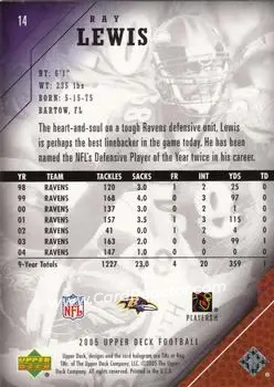 2005 Upper Deck #14 - Ray Lewis - Baltimore Ravens - Back
