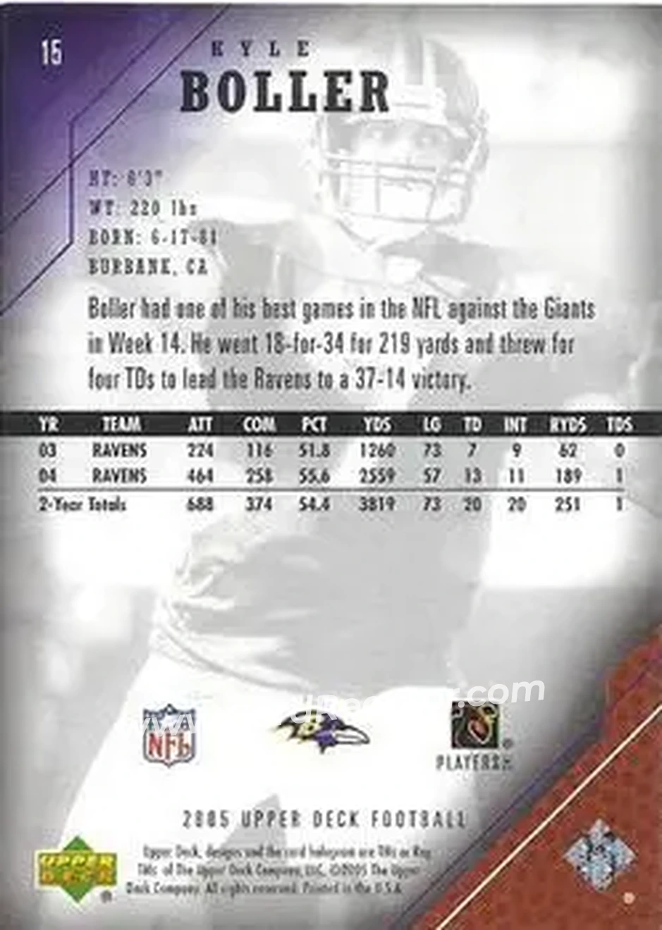 2005 Upper Deck #15 - Kyle Boller - Baltimore Ravens - Back 2005 Upper Deck #15 - Kyle Boller - Baltimore Ravens - Back