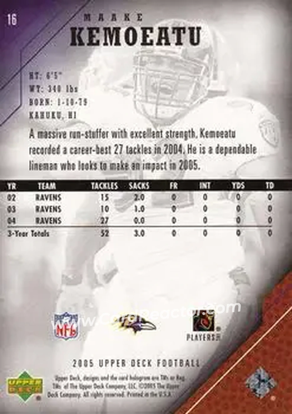2005 Upper Deck #16 - Ma'Ake Kemoeatu - Baltimore Ravens - Back