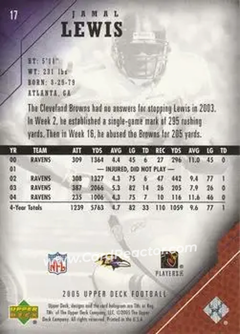 2005 Upper Deck #17 - Jamal Lewis - Baltimore Ravens - Back