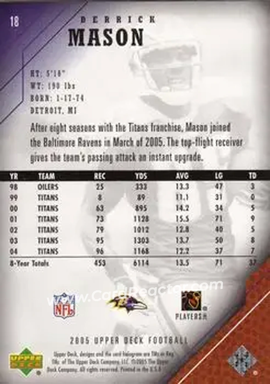 2005 Upper Deck #18 - Derrick Mason - Baltimore Ravens - Back 2005 Upper Deck #18 - Derrick Mason - Baltimore Ravens - Back