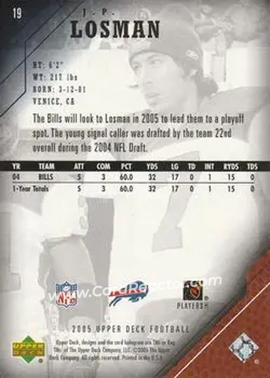 2005 Upper Deck #19 - J.P. Losman - Buffalo Bills - Back