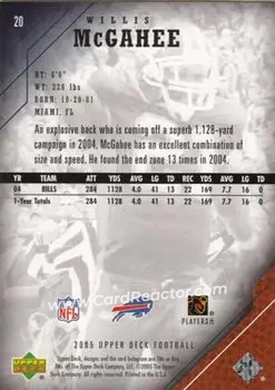 2005 Upper Deck #20 - Willis McGahee - Buffalo Bills - Back 2005 Upper Deck #20 - Willis McGahee - Buffalo Bills - Back