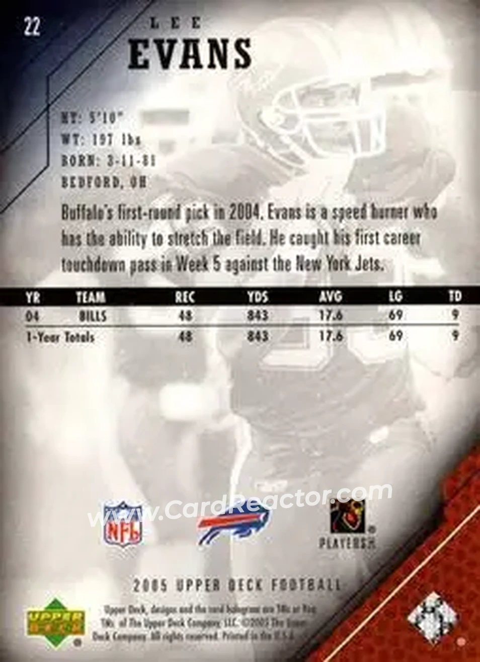 2005 Upper Deck #22 - Lee Evans - Buffalo Bills - Back 2005 Upper Deck #22 - Lee Evans - Buffalo Bills - Back