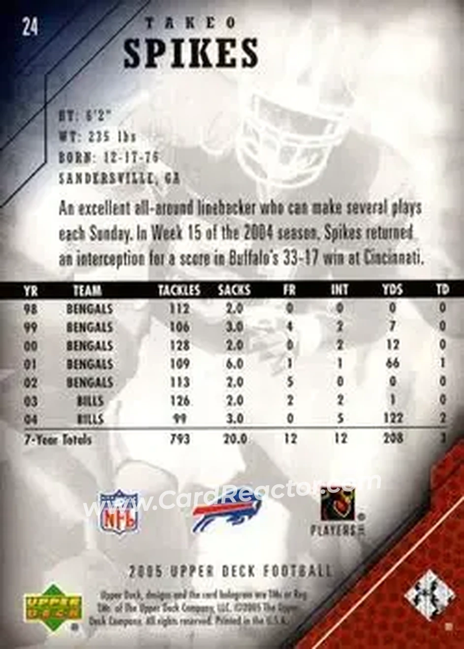 2005 Upper Deck #24 - Takeo Spikes - Buffalo Bills - Back 2005 Upper Deck #24 - Takeo Spikes - Buffalo Bills - Back