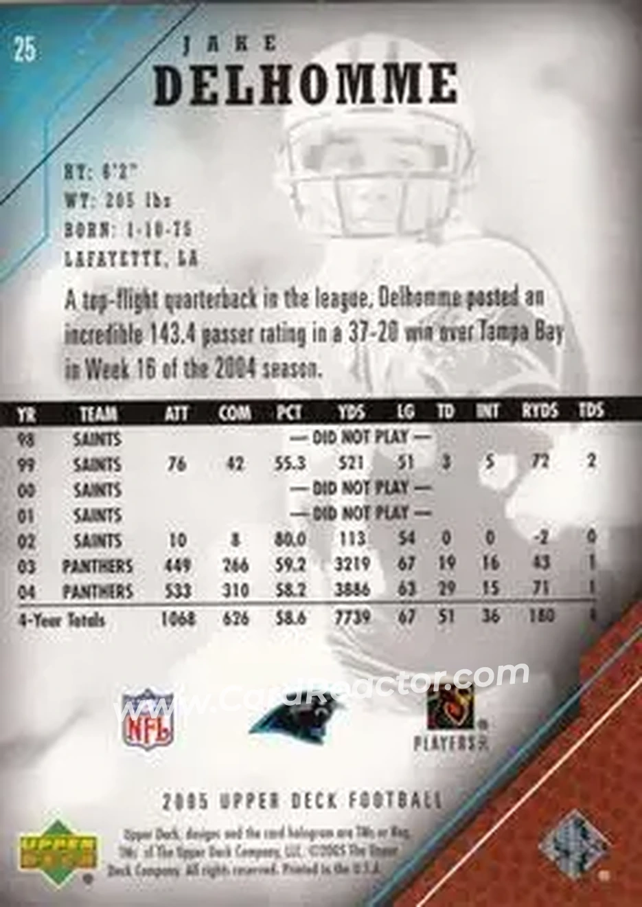 2005 Upper Deck #25 - Jake Delhomme - Carolina Panthers - Back