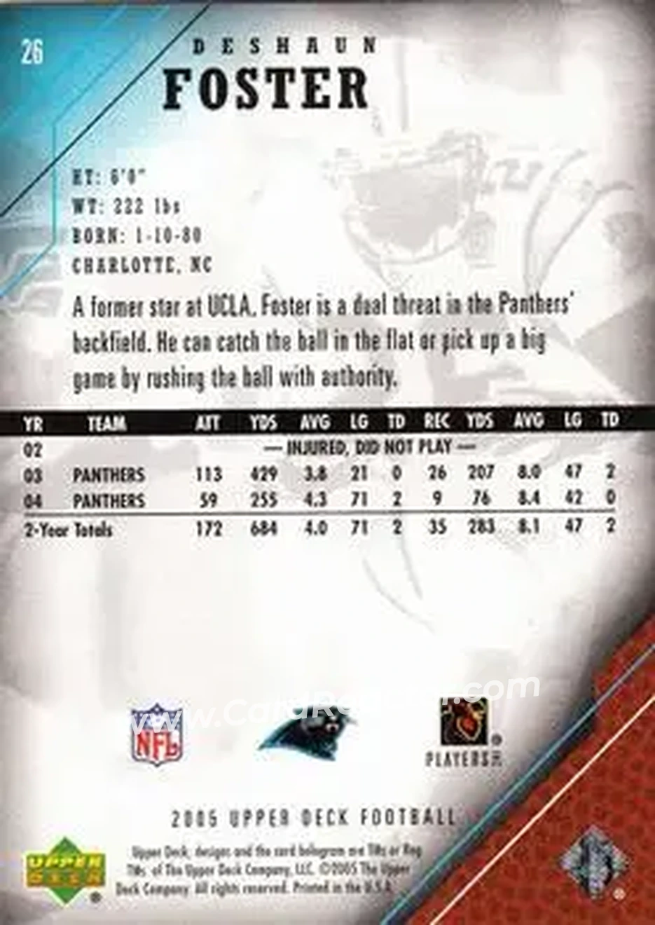 2005 Upper Deck #26 - DeShaun Foster - Carolina Panthers - Back 2005 Upper Deck #26 - DeShaun Foster - Carolina Panthers - Back