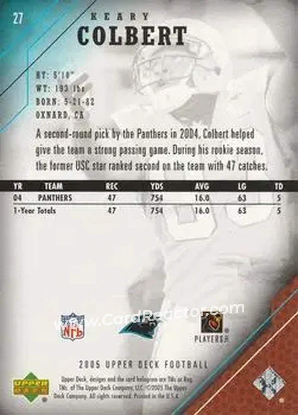 2005 Upper Deck #27 - Keary Colbert - Carolina Panthers - Back 2005 Upper Deck #27 - Keary Colbert - Carolina Panthers - Back