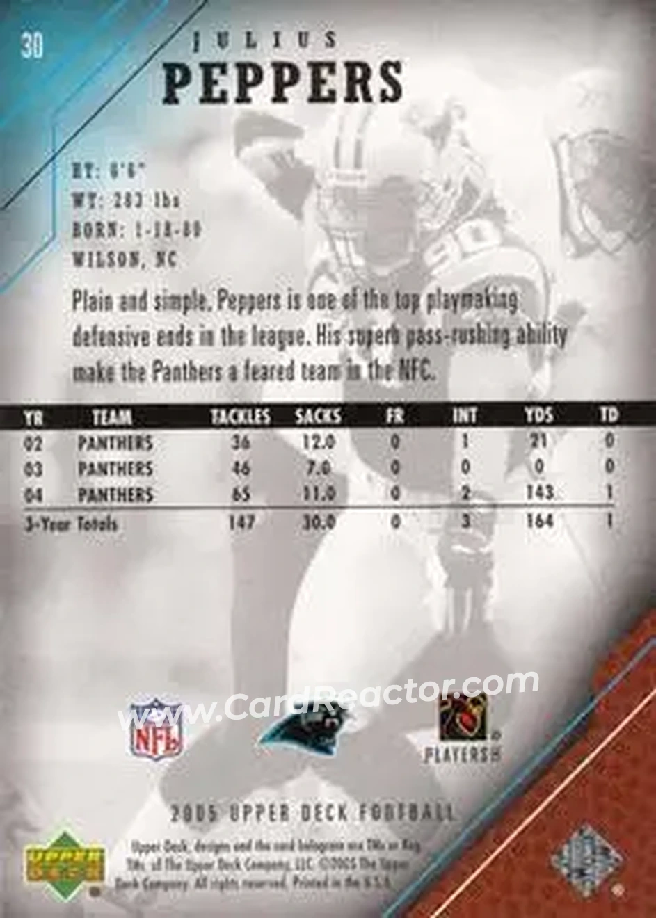 2005 Upper Deck #30 - Julius Peppers - Carolina Panthers - Back