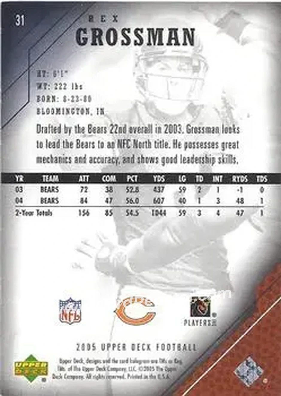 2005 Upper Deck #31 - Rex Grossman - Chicago Bears - Back