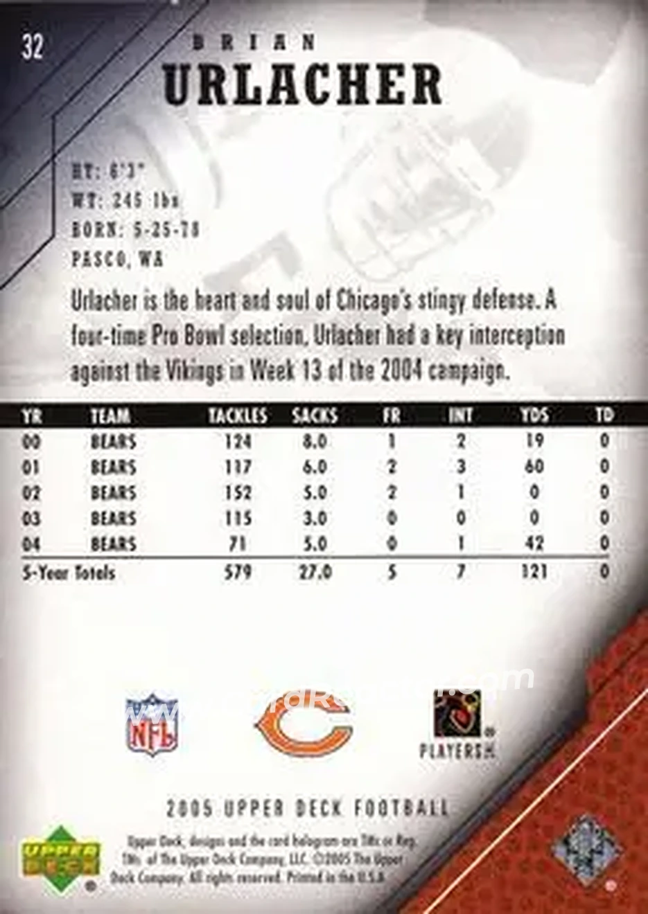 2005 Upper Deck #32 - Brian Urlacher - Chicago Bears - Back