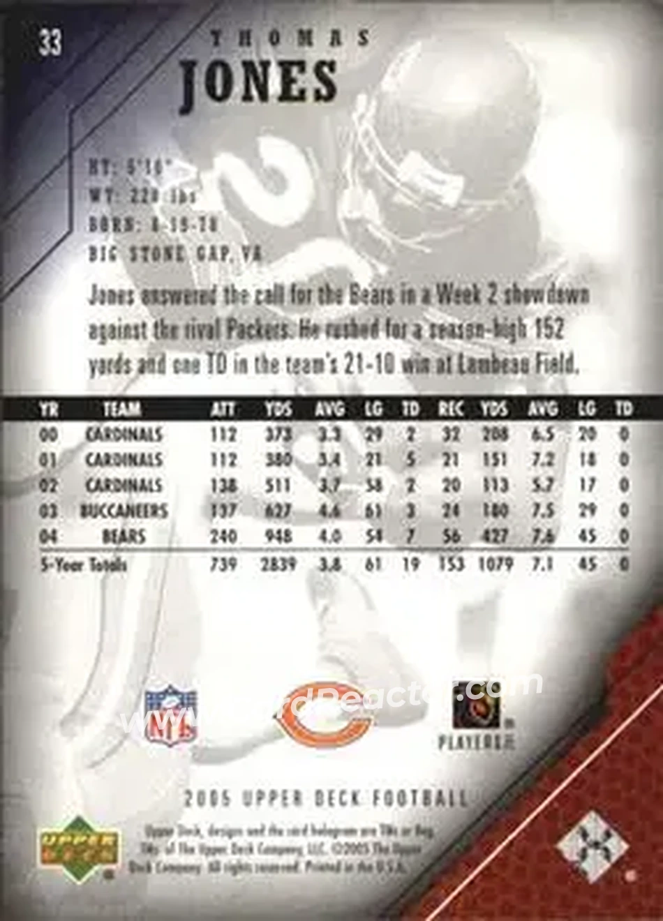 2005 Upper Deck #33 - Thomas Jones - Chicago Bears - Back 2005 Upper Deck #33 - Thomas Jones - Chicago Bears - Back
