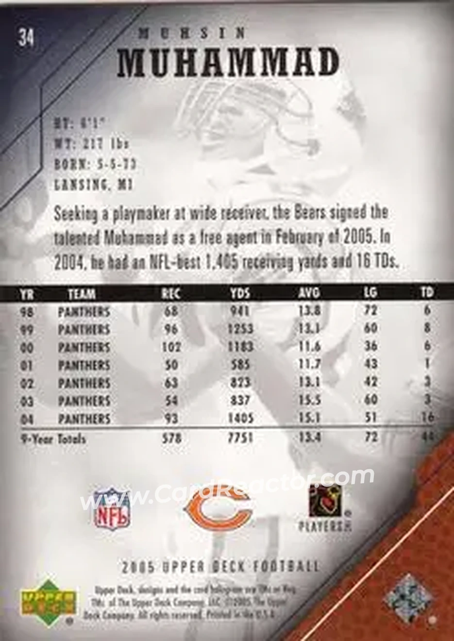 2005 Upper Deck #34 - Muhsin Muhammad - Chicago Bears - Back 2005 Upper Deck #34 - Muhsin Muhammad - Chicago Bears - Back
