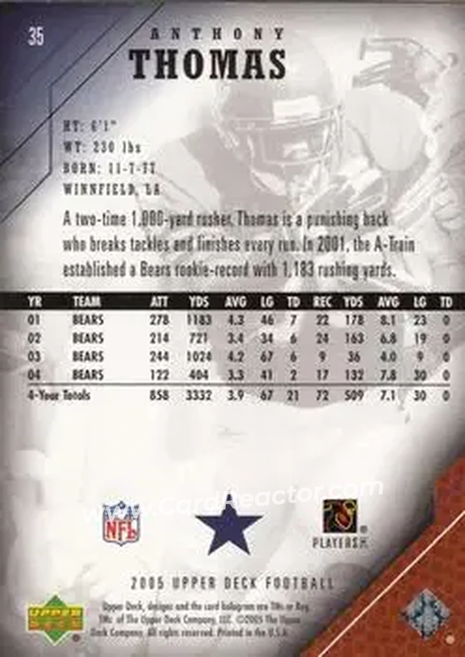 2005 Upper Deck #35 - Anthony Thomas - Dallas Cowboys - Back 2005 Upper Deck #35 - Anthony Thomas - Dallas Cowboys - Back