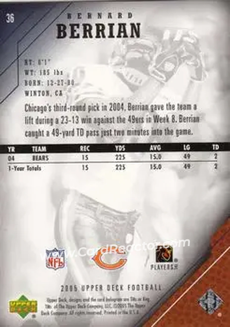 2005 Upper Deck #36 - Bernard Berrian - Chicago Bears - Back 2005 Upper Deck #36 - Bernard Berrian - Chicago Bears - Back
