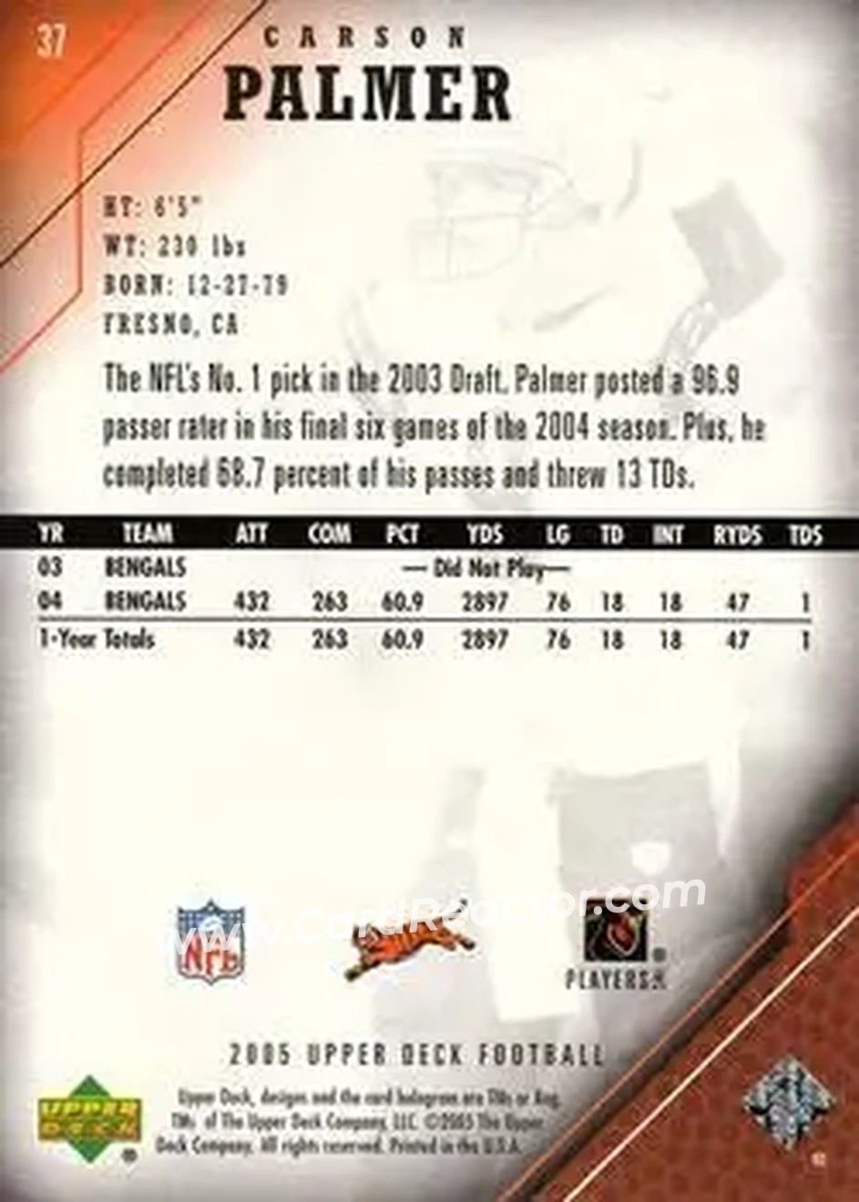 2005 Upper Deck #37 - Carson Palmer - Cincinnati Bengals - Back 2005 Upper Deck #37 - Carson Palmer - Cincinnati Bengals - Back