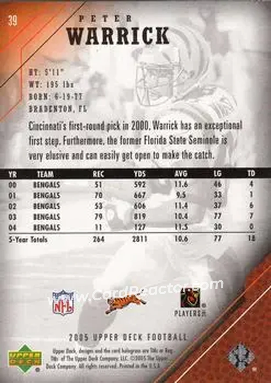 2005 Upper Deck #39 - Peter Warrick - Cincinnati Bengals - Back 2005 Upper Deck #39 - Peter Warrick - Cincinnati Bengals - Back
