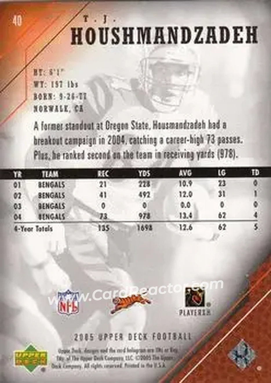 2005 Upper Deck #40 - T.J. Houshmandzadeh - Cincinnati Bengals - Back