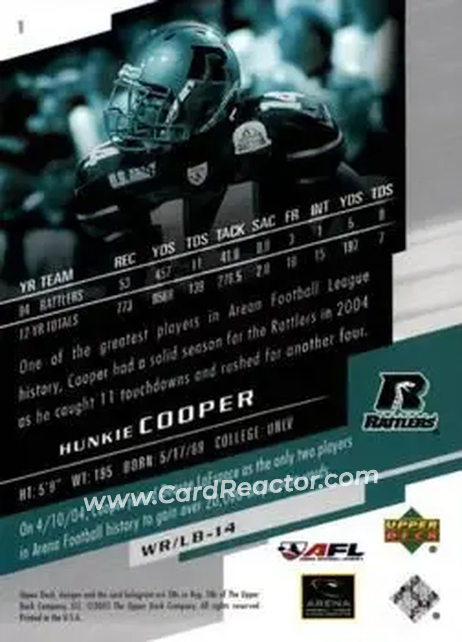 2005 Upper Deck AFL #1 - Hunkie Cooper - Arizona Rattlers - Back 2005 Upper Deck AFL #1 - Hunkie Cooper - Arizona Rattlers - Back
