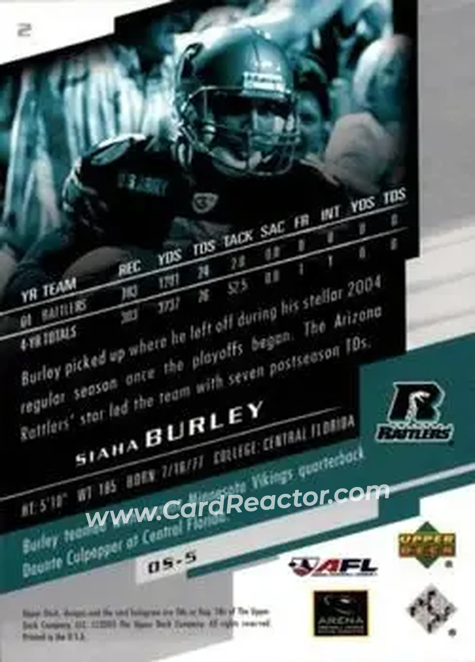 2005 Upper Deck AFL #2 - Siaha Burley - Arizona Rattlers - Back 2005 Upper Deck AFL #2 - Siaha Burley - Arizona Rattlers - Back