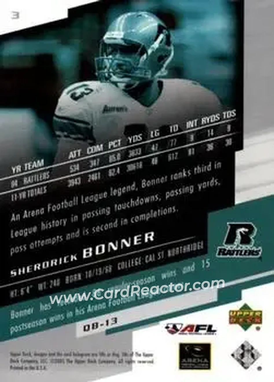 2005 Upper Deck AFL #3 - Sherdrick Bonner - Arizona Rattlers - Back