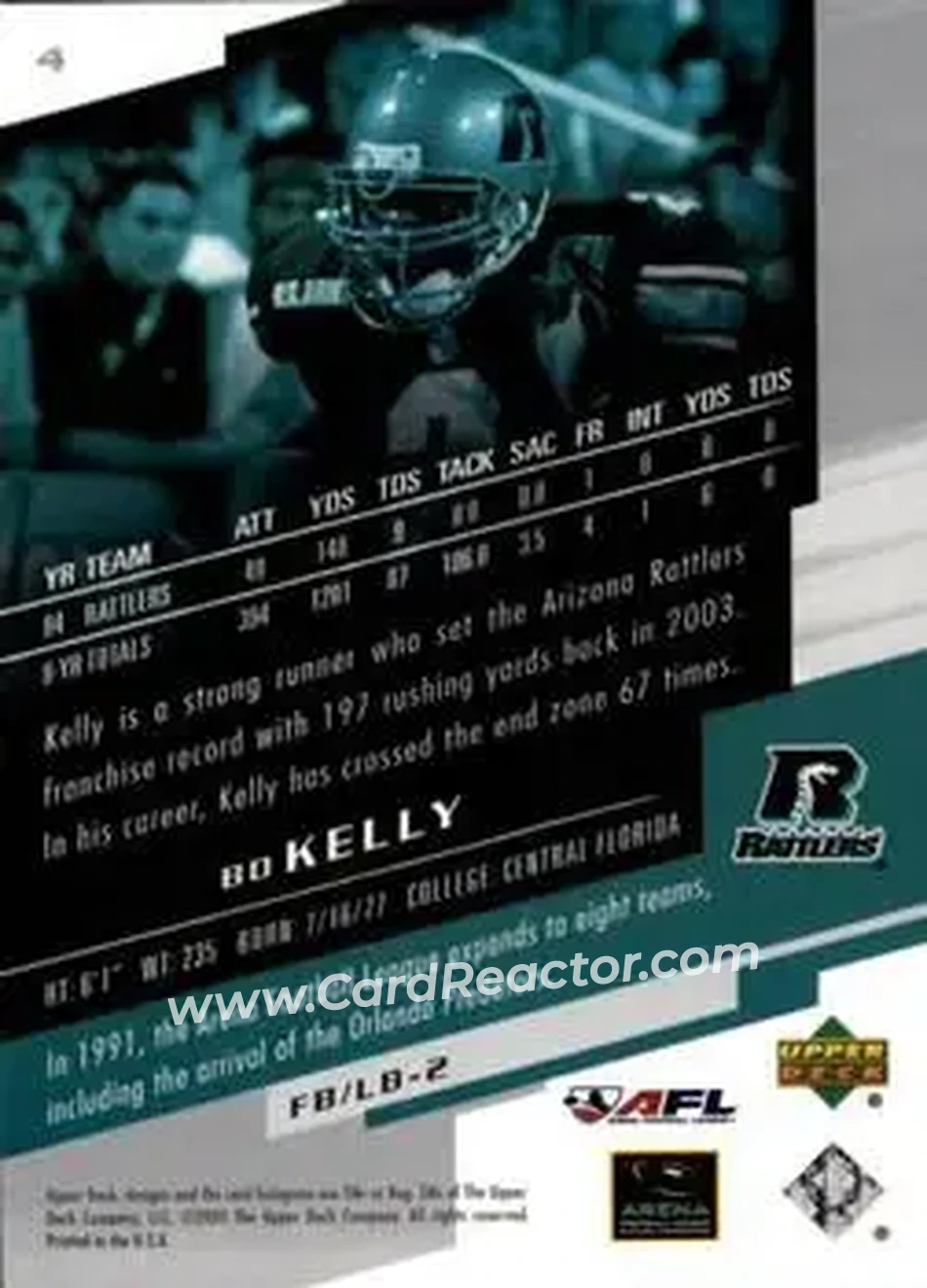 2005 Upper Deck AFL #4 - Bo Kelly - Arizona Rattlers - Back 2005 Upper Deck AFL #4 - Bo Kelly - Arizona Rattlers - Back