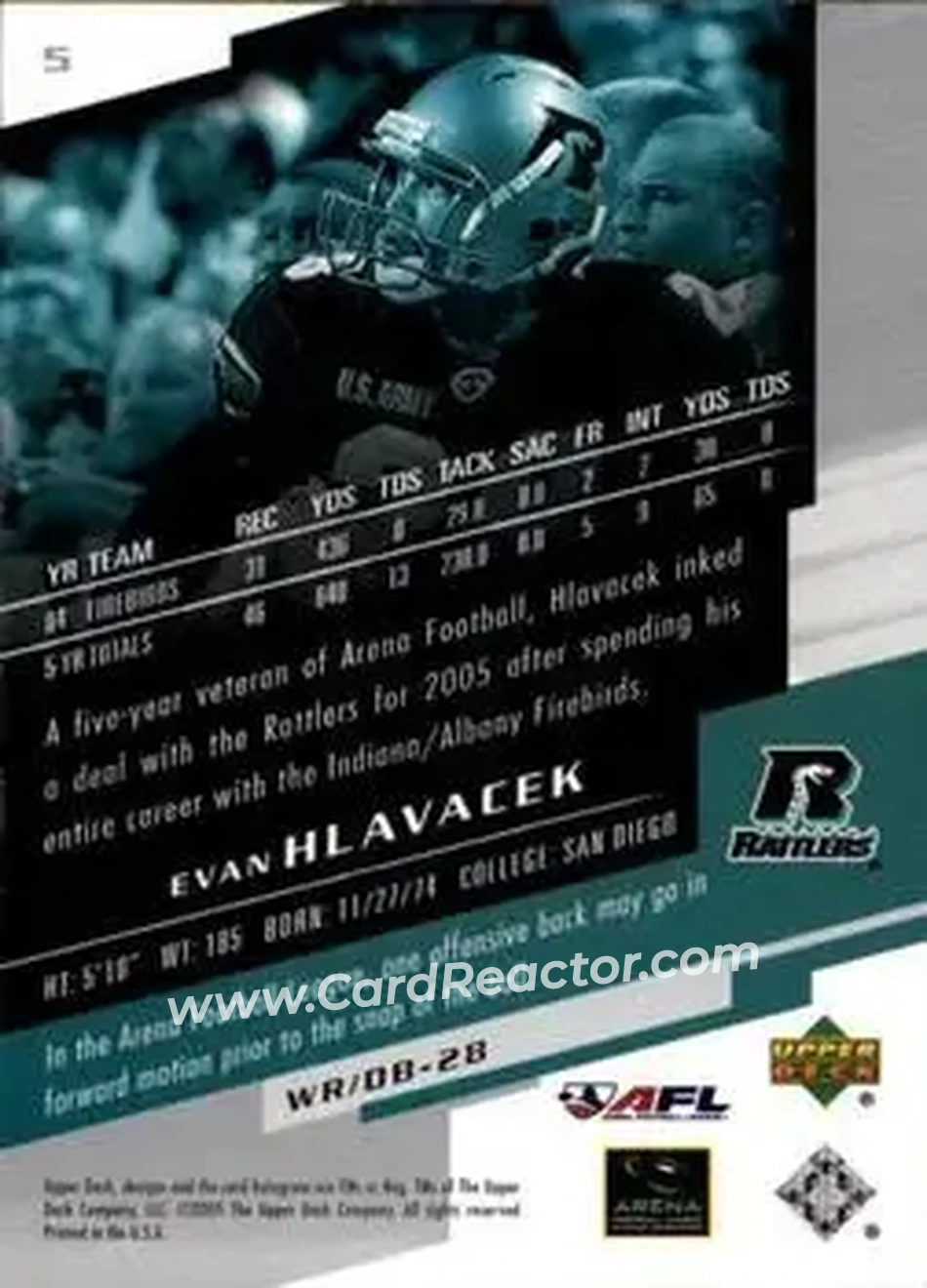 2005 Upper Deck AFL #5 - Evan Hlavacek - Arizona Rattlers - Back