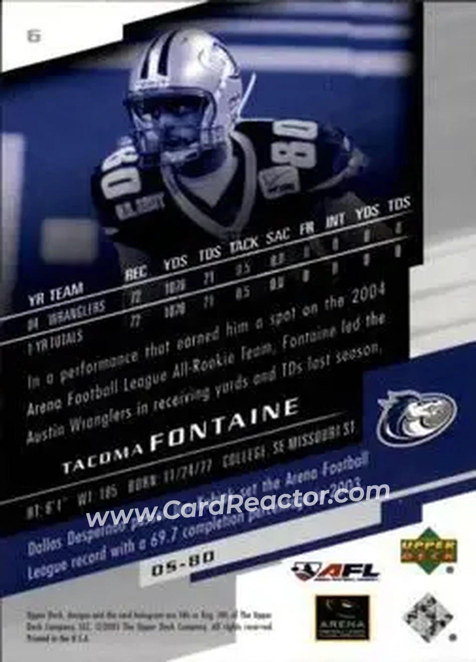 2005 Upper Deck AFL #6 - Tacoma Fontaine - Austin Wranglers - Back 2005 Upper Deck AFL #6 - Tacoma Fontaine - Austin Wranglers - Back