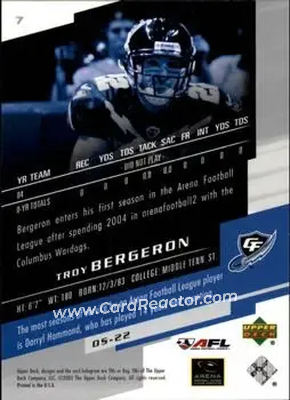 2005 Upper Deck AFL #7 - Troy Bergeron - Georgia Force - Back