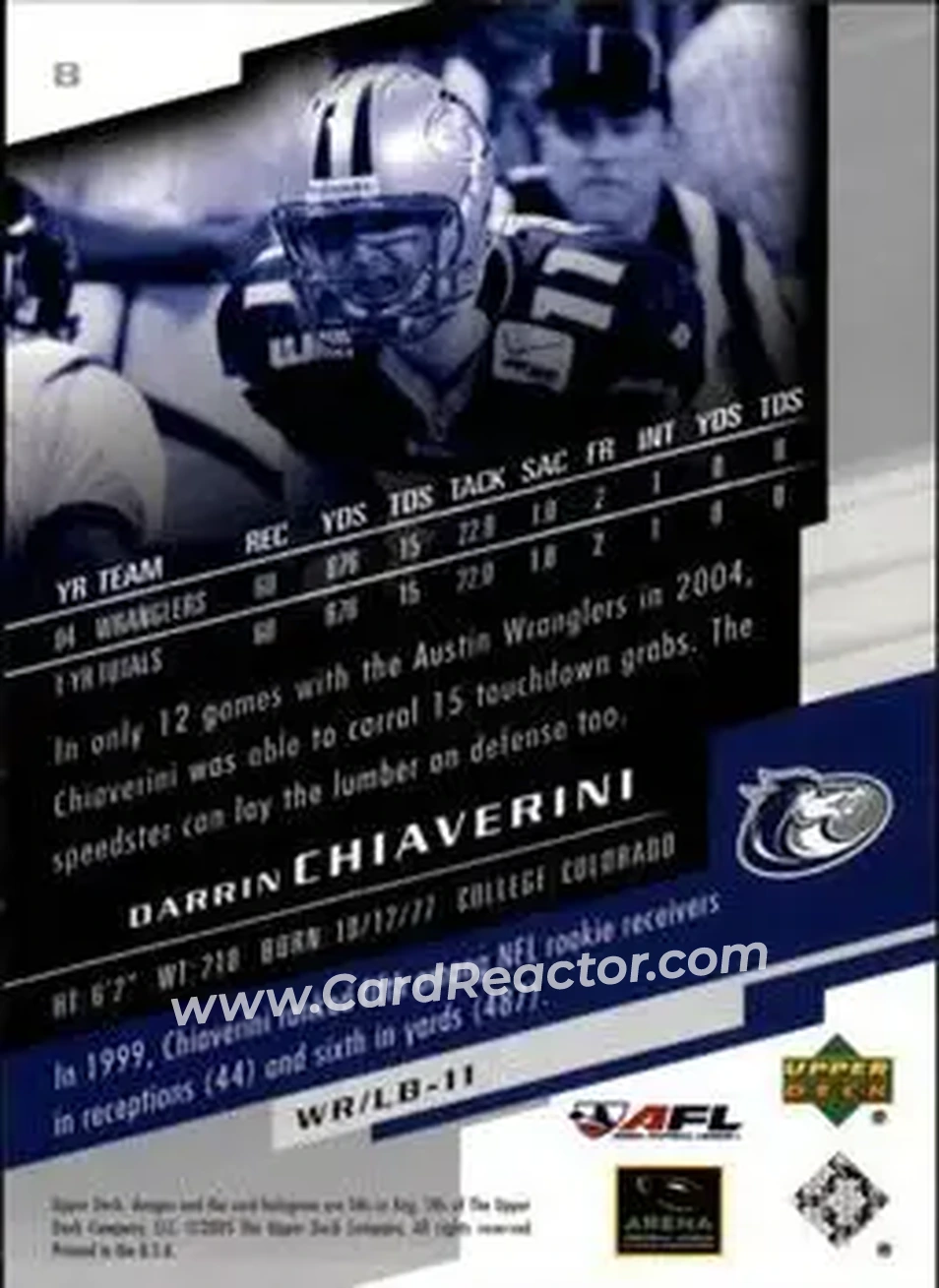 2005 Upper Deck AFL #8 - Darrin Chiaverini - Austin Wranglers - Back 2005 Upper Deck AFL #8 - Darrin Chiaverini - Austin Wranglers - Back