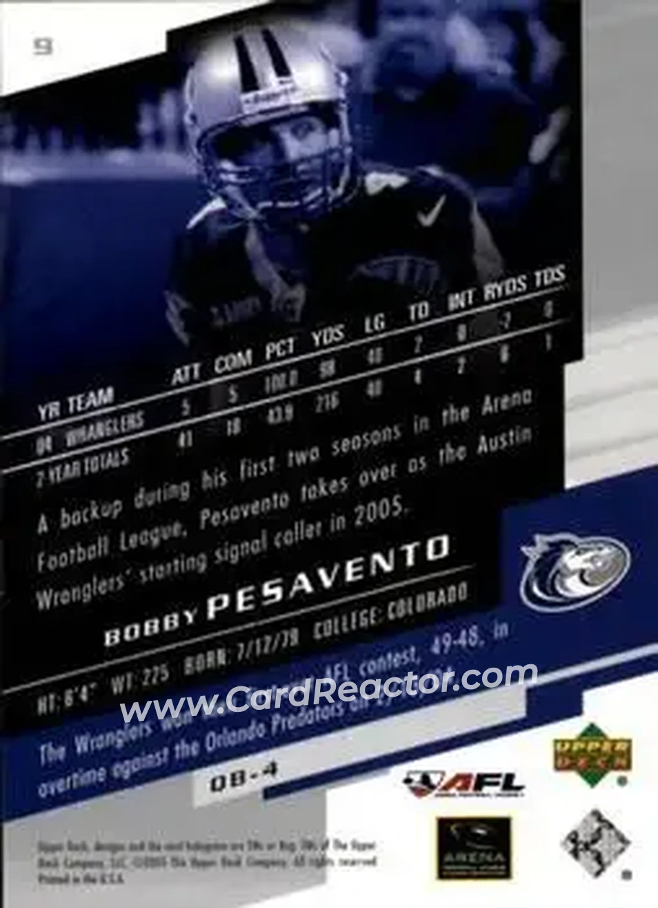 2005 Upper Deck AFL #9 - Bobby Pesavento - Austin Wranglers - Back