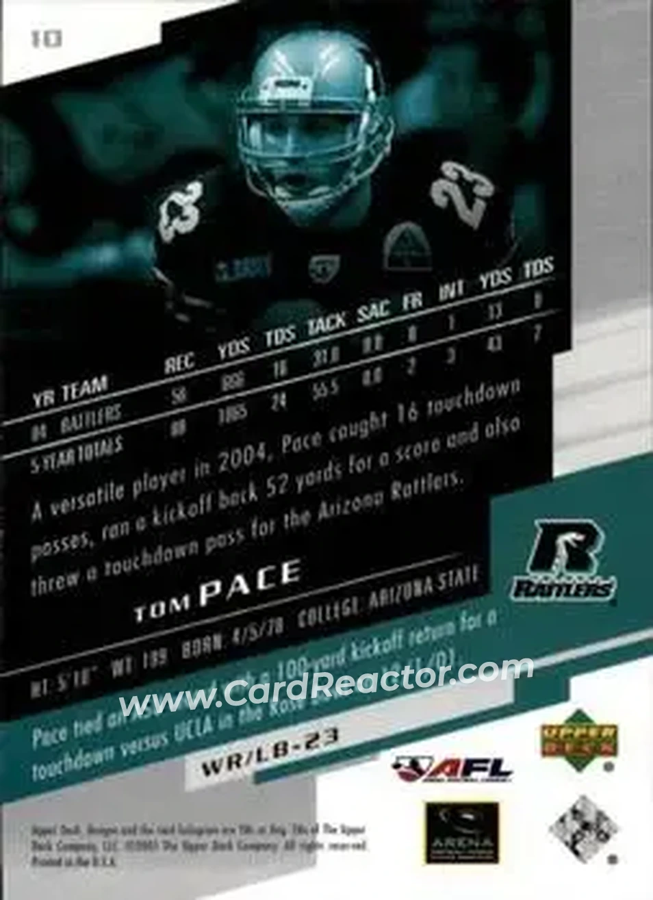 2005 Upper Deck AFL #10 - Tom Pace - Arizona Rattlers - Back 2005 Upper Deck AFL #10 - Tom Pace - Arizona Rattlers - Back