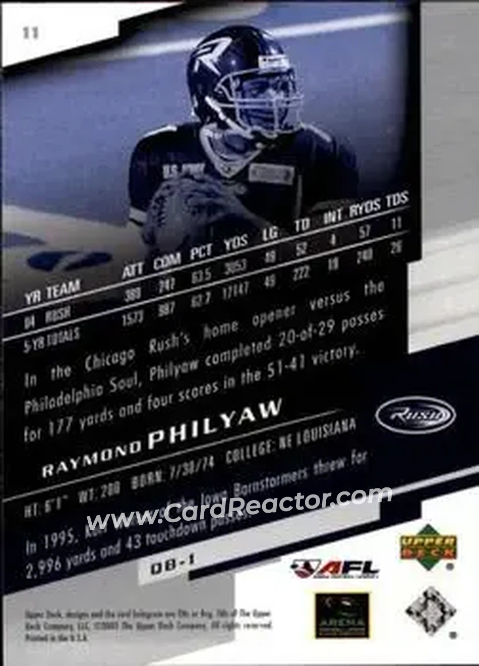 2005 Upper Deck AFL #11 - Raymond Philyaw - Chicago Rush - Back 2005 Upper Deck AFL #11 - Raymond Philyaw - Chicago Rush - Back