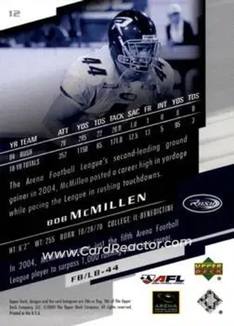 2005 Upper Deck AFL #12 - Bob McMillen - Chicago Rush - Back 2005 Upper Deck AFL #12 - Bob McMillen - Chicago Rush - Back