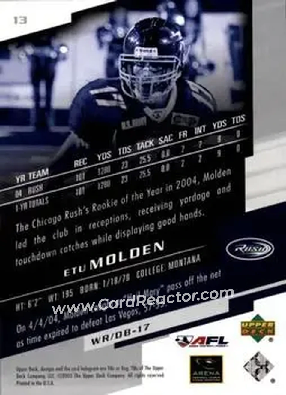 2005 Upper Deck AFL #13 - Etu Molden - Chicago Rush - Back 2005 Upper Deck AFL #13 - Etu Molden - Chicago Rush - Back