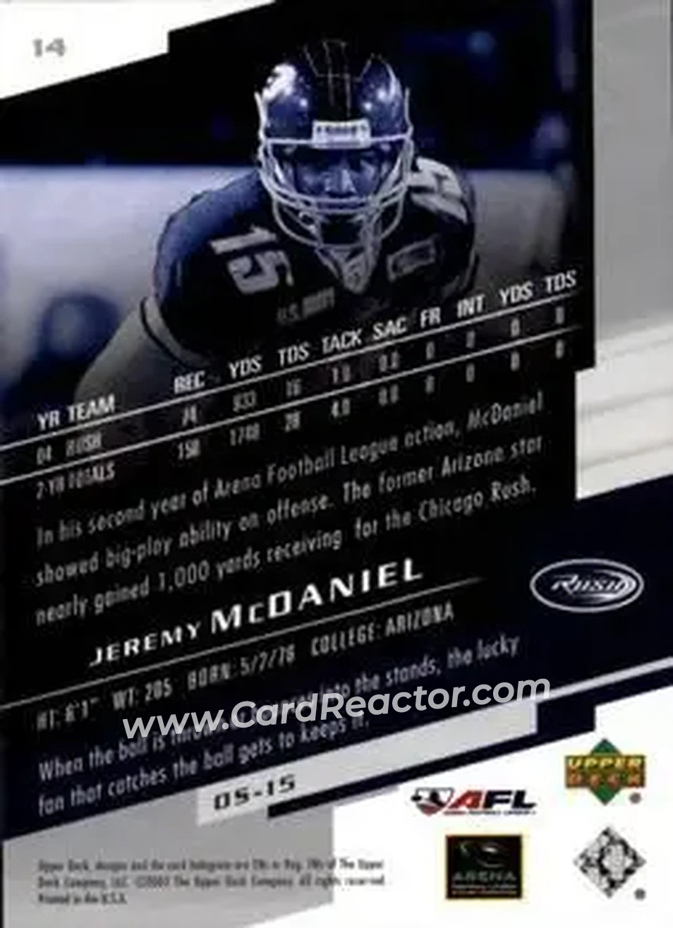 2005 Upper Deck AFL #14 - Jeremy McDaniel - Chicago Rush - Back 2005 Upper Deck AFL #14 - Jeremy McDaniel - Chicago Rush - Back