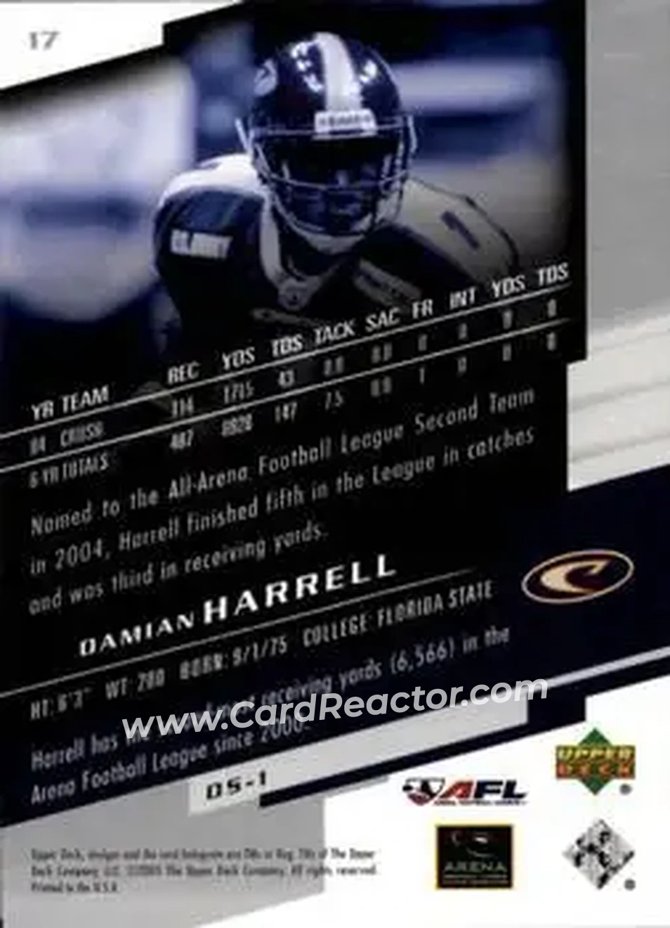 2005 Upper Deck AFL #17 - Damian Harrell - Colorado Crush - Back 2005 Upper Deck AFL #17 - Damian Harrell - Colorado Crush - Back