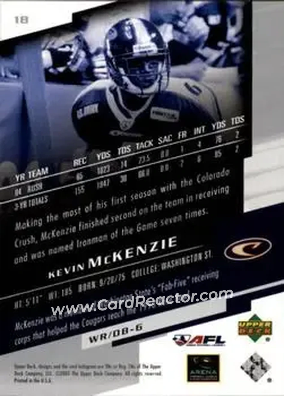2005 Upper Deck AFL #18 - Kevin McKenzie - Colorado Crush - Back 2005 Upper Deck AFL #18 - Kevin McKenzie - Colorado Crush - Back